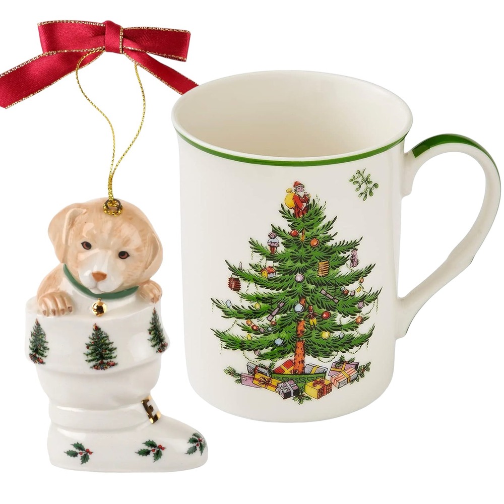 New in Box Spode Christmas Tree Ceramic Coffee Mug + Puppy In stocking Ornament